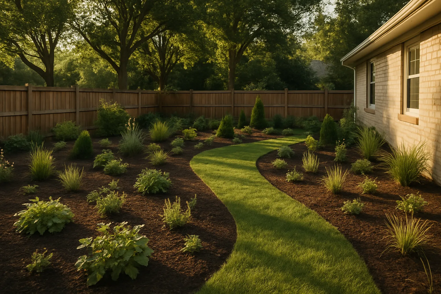 Backyard landscape design with mulch beds, new plantings, and defined lawn edges
