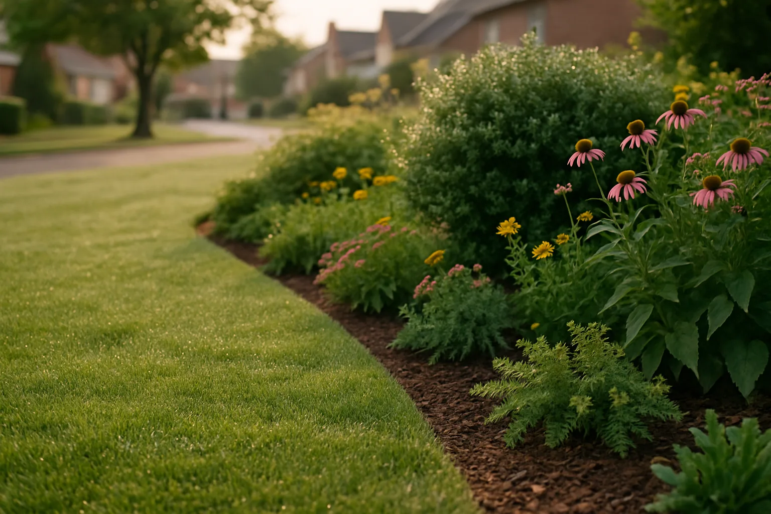 Close view of lawn edge detail with perennial plantings and morning light