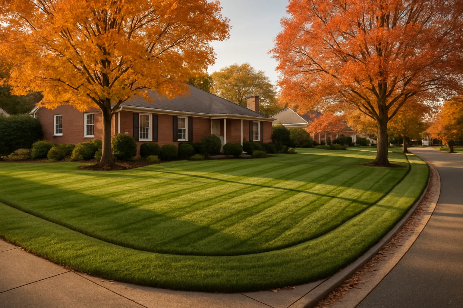 Full view of maintained residential lawn and landscape in Somerset neighborhood setting
